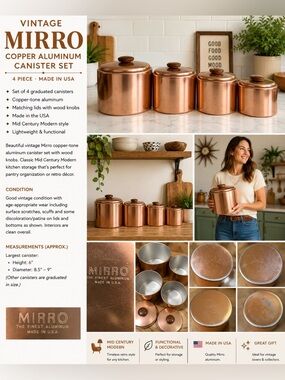 Vintage Mirro Copper Aluminum Canister Set 4pc MCM Kitchen Wood Knobs